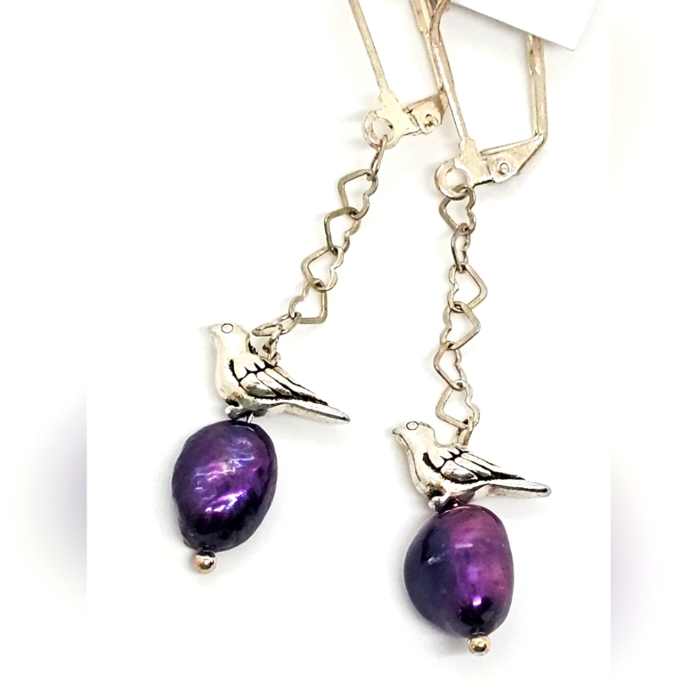 NWT BlueBird Earrings with Heart Chain, Bird Charms, Fresh Water Pearl